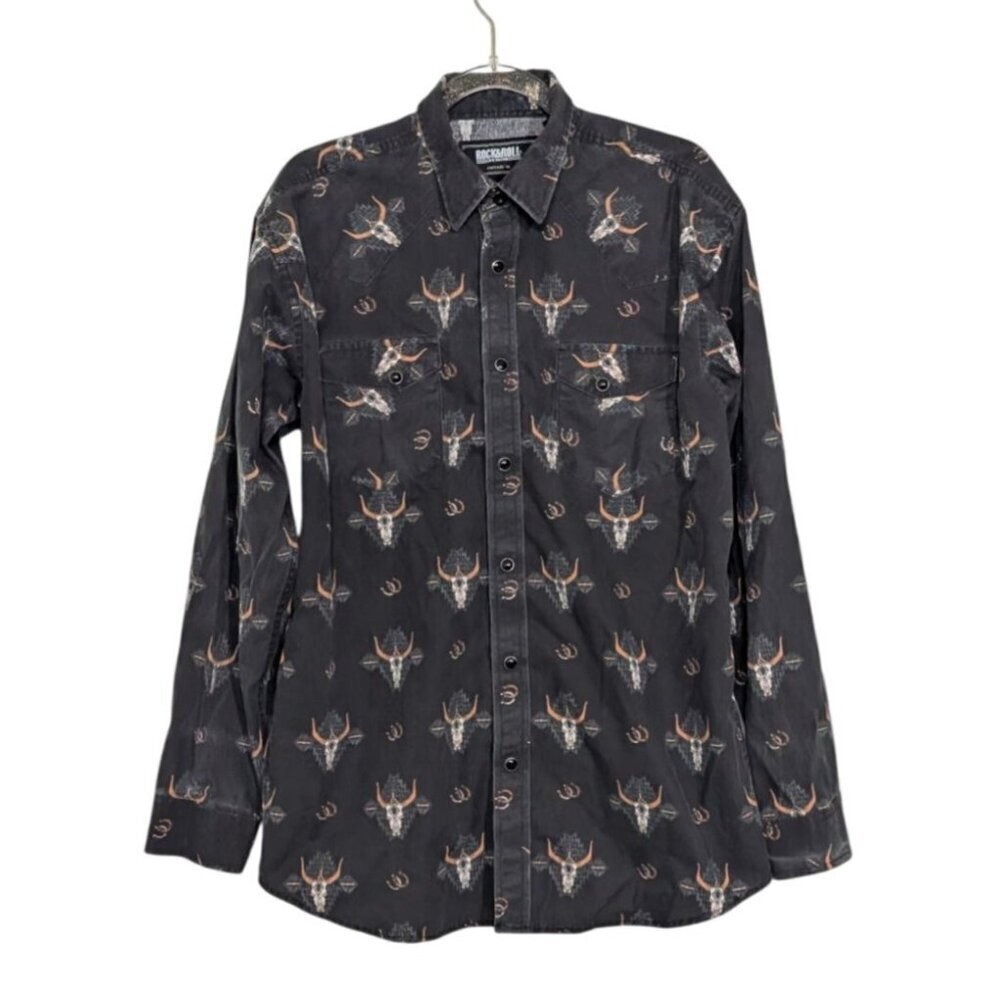 Rock & Roll Denim Bull Skull Shirt Mens Size XL Black Cowboy Rodeo Western